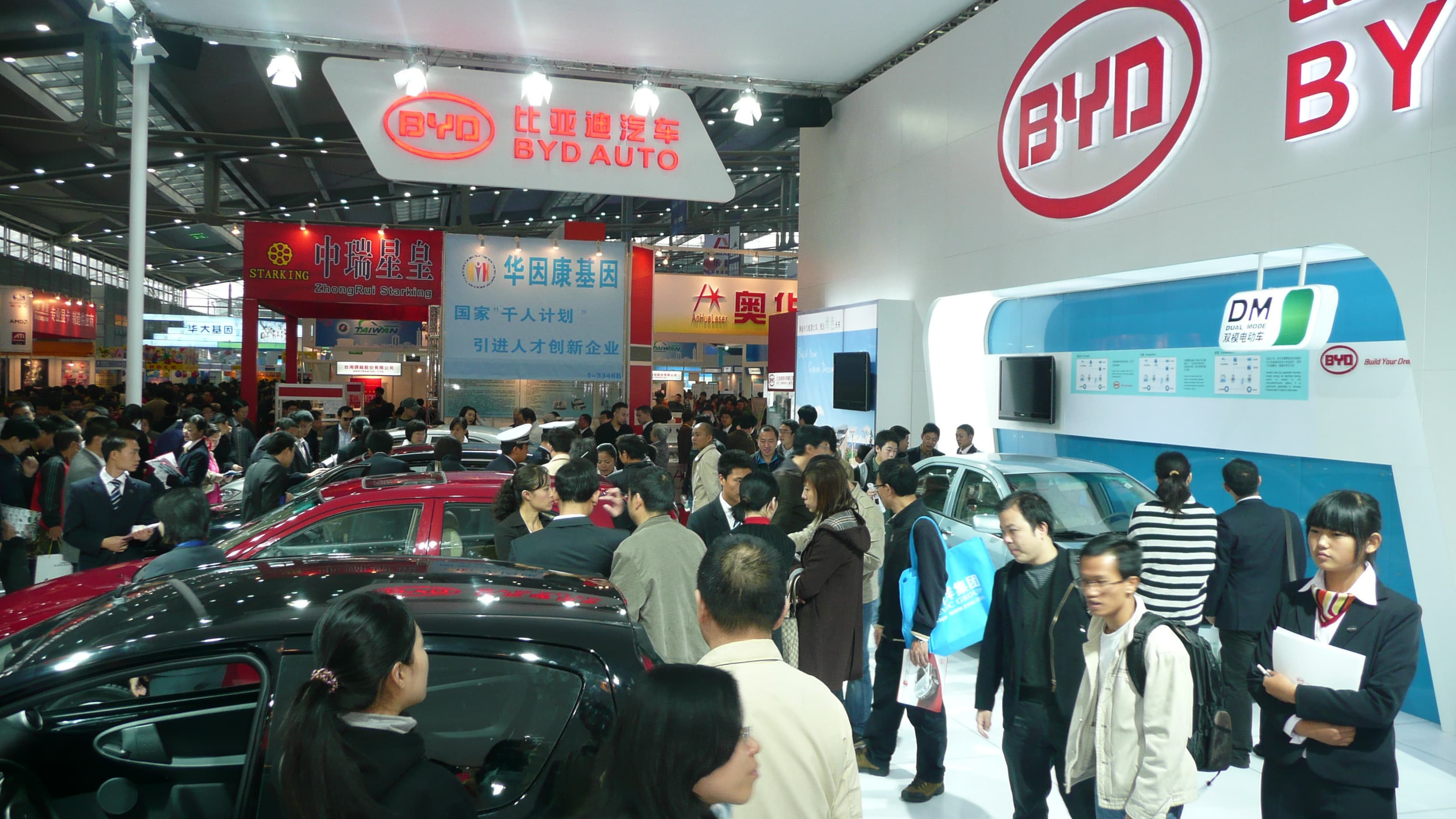 BYD electric vehicle on display at an automotive exhibition