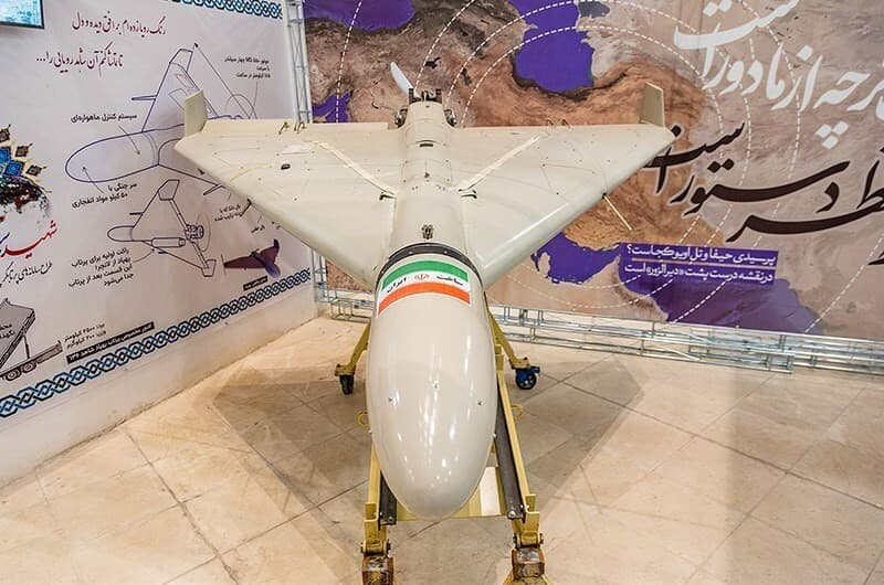 Iranian Shahed-136 loitering munition drone on display at IRGC exhibition